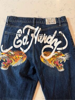 Ed Hardy Navy Denim Jeans with White and Yellow Graphic Patch